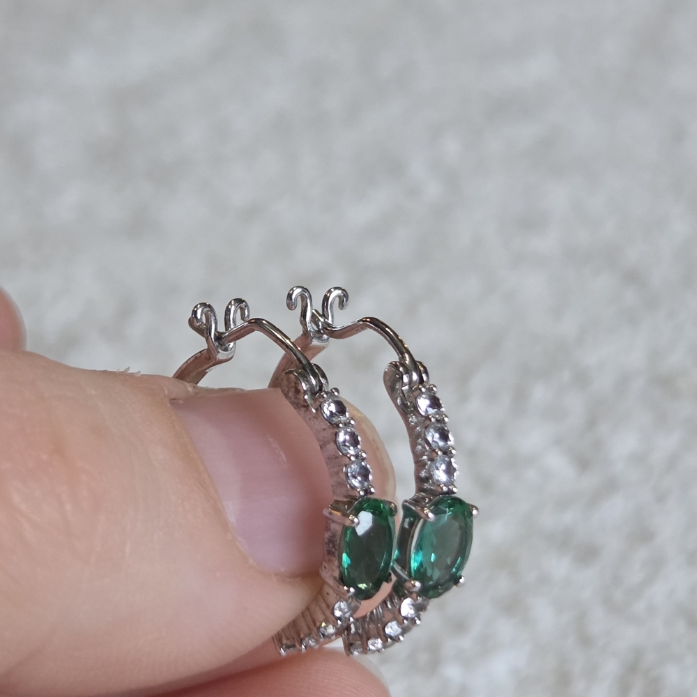 Elegant Sterling Silver and Emerald Hoop Earrings - Picture 3 of 3